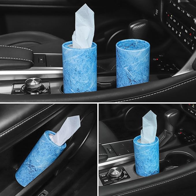 SINGARO Car Tissue Holder, 4 Pack Car Cup Holder Facial Tissues with Travel Tissue Bag, Quick and Convenient Flower Combination Box(4 Canisters/200 Tissues) Blue