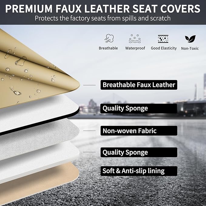 Beige Leather Seat Covers, 5 Seats Universal Car Seat Covers Full Set, Waterproof Automotive Seat Covers Breathable Front and Rear Seat Covers for Most Sedans SUVs Trucks