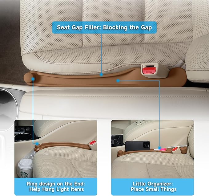 Car Seat Gap Filler Set of 2, 3IN1 Seat Side Gap Filler Plug with Storage Slot & Hook Function, Soft Foam Universal Fit Car SUV Truck Fill Gap Between Seats Console Organizer（Narrow Saddle Brown ）
