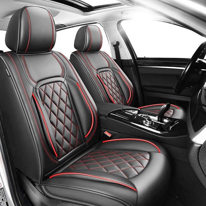 Fit HRV Car Seat Covers Compatible with Honda HRV 2016-2026, Premium Leather Breathable, Wear Resistant, Airbag Compatible, All-Weather Protection & Full Coverage, 2 Front Seat Red Line Black