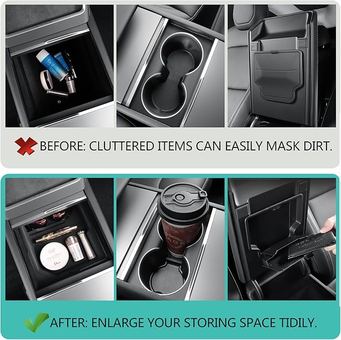 Center Console Organizer Tray for Tesla Model Y Juniper Accessories 2025 2026/For Tesla Model 3 Highland Accessories 2024 2025 2026, Hidden Storage Box, Cup Holder Armrest Drawer Organizer, 4PCS Black