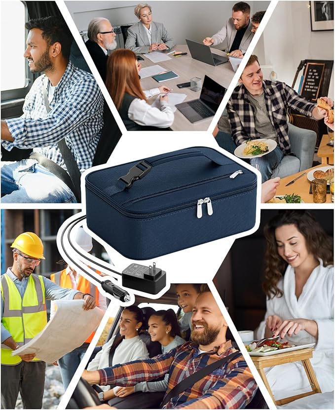 Portable Food Warmer - Heated Lunch Box for Adluts - Electric Thermal Lunch Bag with Buckle Handle, Heating Food Warmer Bags for 12V/24V Car & Truck, 110V/220V Home/Office, Navy Blue
