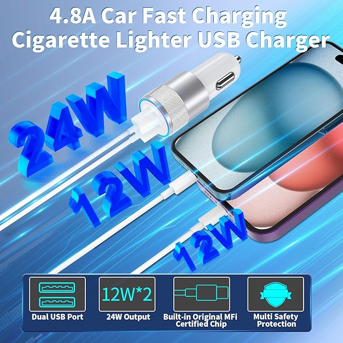 [Apple MFi Certified] iPhone Fast Car Charger, Braveridge 2Pack 4.8A Dual USB Car Power Cigarette Lighter USB Car Carplay Charger Adapter with Lightning Cable for iPhone 14 13 12 11 Pro XS XR X 8 iPad