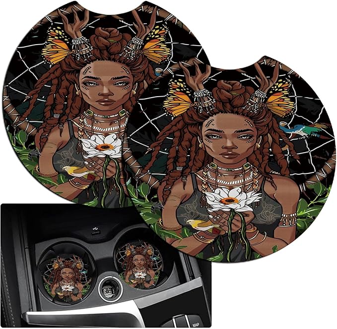 Car Armrest Cover Pads Universal Fashion Cute Auto Center Console Armrest Cover Pad with 2PCS Car Coasters Soft Waterproof Car Armrest Seat Protector for Women, African American Girl