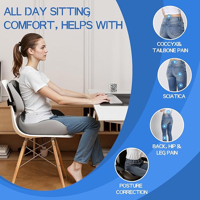 Benazcap Large Memory Foam Seat Cushion Lumbar Support Pillow for Sciatica & Tailbone Pressure Relief Coccyx Pad for Office Chair, Wheelchair, Car, Home, Office