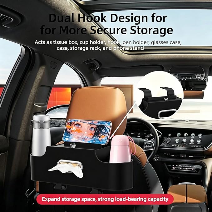 4-in-1 Back Seat Car Organizer, Adjustable Hooks, Universal Fit, with Cup Holder, Tissue Box & Storage, for Travel, Stores Phone, Snacks, Drinks, Handbags, Keeps Car Neat & Space-Saving (Beige)