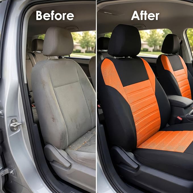 FH Group Automotive Car Seat Covers Full Set Premium 3D Air Mesh Front Seat Covers, Airbag Compatible & Split Bench Cover Universal Fit Interior Accessories for Cars Trucks and SUVs - Orange