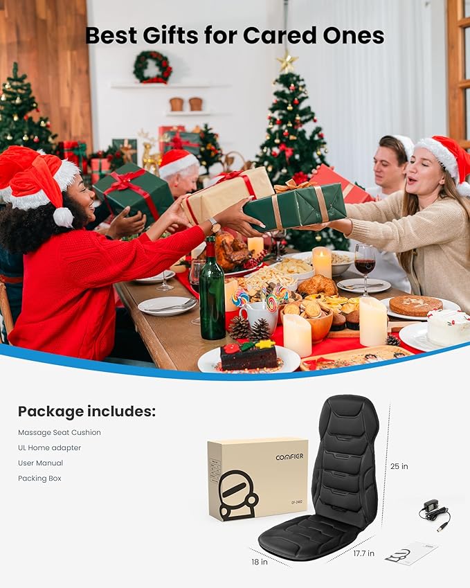 COMFIER Back Massager with Heat, Vibration Massage Seat Cushion with 8 Massage Nodes & 5 Modes, Adjustable Chair Massager Pad for Home Office, Heated Chair Pad, Gifts for Women Men Mom Dad