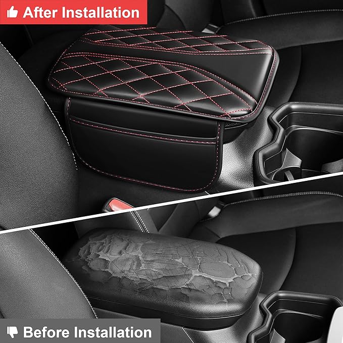 Car Center Console Cover Fit for Jeep Renegade - Leather Armrest Covers with 2 Storage Pockets(Black&Red)