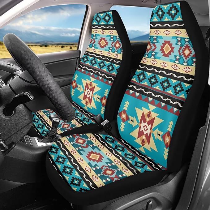 ELEQIN Car Seat Covers, Seat Cover Front Car Seat Cushion, Blue Aztec Geometric Front Auto Protector Universal Fit Most Cars, Automotive Interior Accessory