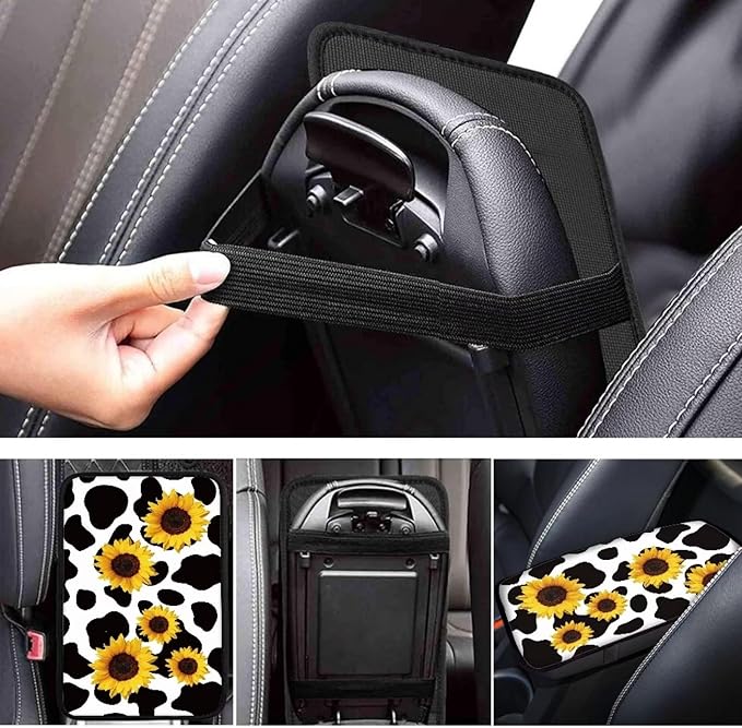 Dreaweet Sunflower Cow Print Car Armrest Cover Center Console Arm Rest Box Pad Mat Cute Car Accessories for Women Girls,Universal Fit SUV