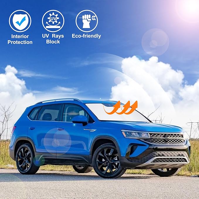 Windshield Sun Shade Custom Fit for 2022 2023 2024 2025 2026 Volkswagen VW Taos Accessories Foldable Sunshade Sun Blocker Protect Car from Sun Rays & Heat Damage Keep Car Cooler