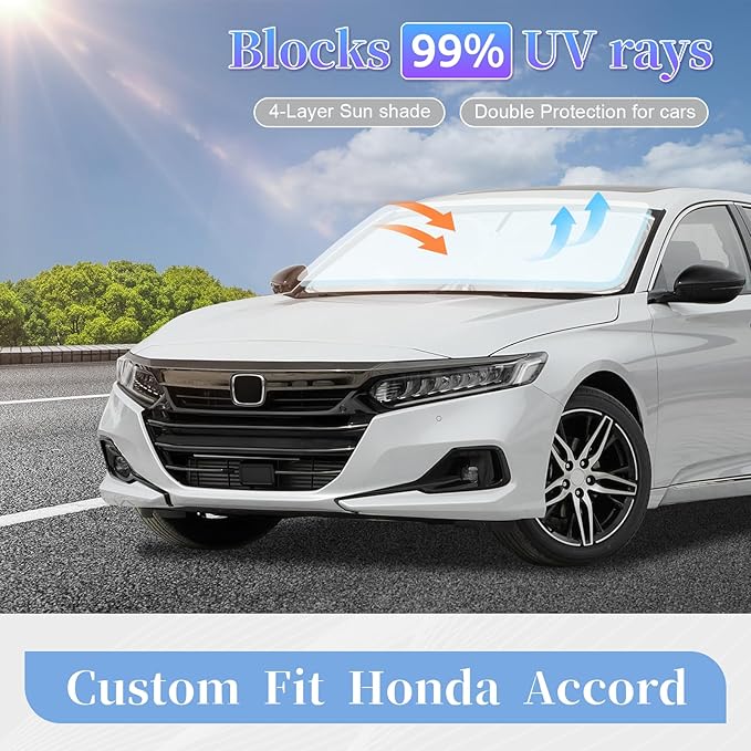 for Honda Accord 2018-2022 Sun Shade Sunshade Windshield Cover, 4-Layer Front Window Shade Custom Fit Accord 10 Gen Sun Visor 240T Foldable Shade Sun Blocks UV Rays Cooler Car Accessories