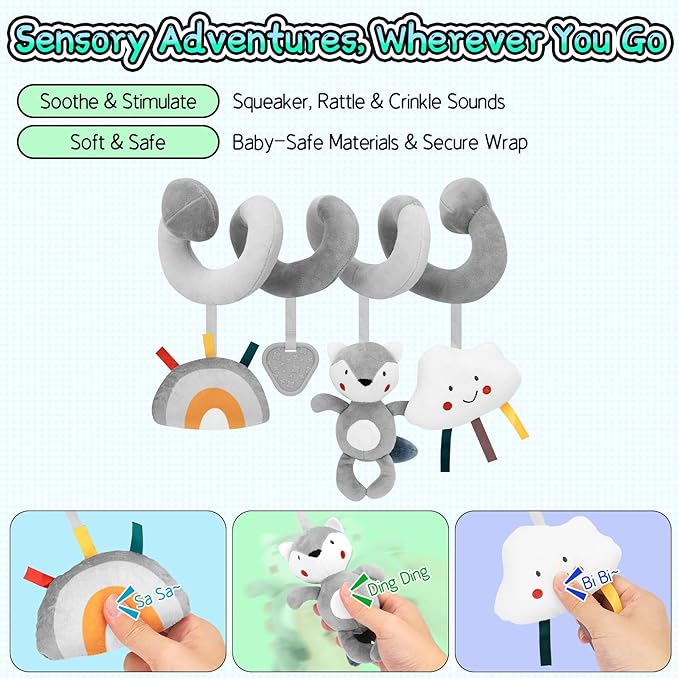 FPVERA Car Seat Toys for Babies 0-6 Months: Travel Baby Toy for Soft Hanging Toys for Carseat, Spiral Stroller Activity Toy Plush for Infant Boys Girls, Grey Fox