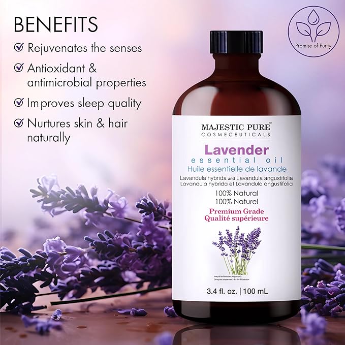Majestic Pure Essential Oil with Glass Dropper - 100% Pure and Natural - Essential Oils for Diffuser, Aromatherapy, Soap and Candle Making, Lavender Essential Oil, Lavender Oil, 3.4 Fl Oz