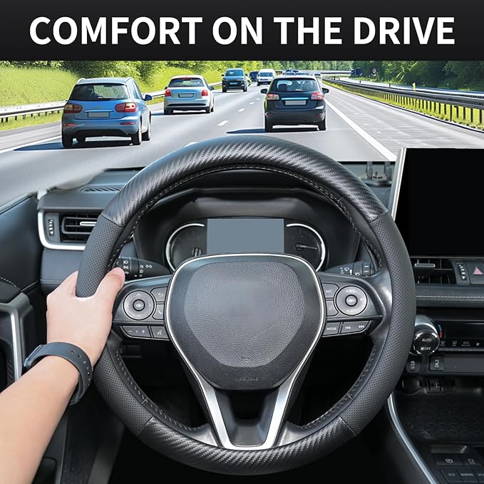 Carbon Fiber Leather Steering Wheel Cover, Universal 14.5–15 Inch Non-Slip Breathable Steering Wheel Cover for Cars, Carbon Fiber
