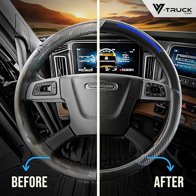 18-Inch Genuine Leather Steering Wheel Cover for Semi Trucks – Black with Blue Stripes, Universal Fit Heavy-Duty Non-Slip Grip, Comfortable Control, Easy Installation