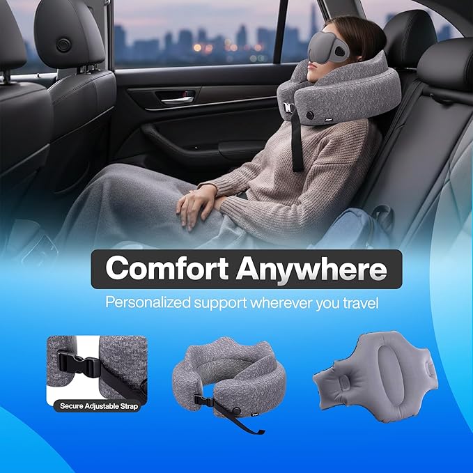 4-in-1 Travel Comfort Set Inflatable Neck Pillow, Convertible Lumbar Support & Foot Hammock, 3D Sleep Mask & Ear Plugs Complete Comfort Kit for Airplane, Office & Car Gift-Ready (Gray)