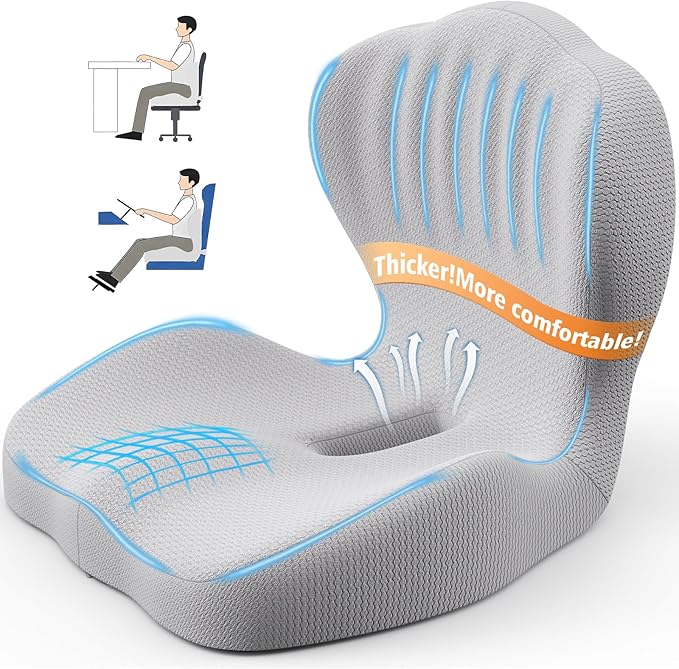 Benazcap Memory Foam Seat Cushion with Lumbar Support Pillow for Office Chair, Car & Gaming Seat, Wheelchair, Ergonomic Design for Sciatica & Tailbone Pressure Relief, Gray
