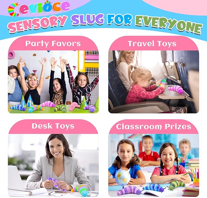 Cevioce 6 Sensory Slug Fidget Toys, Adults & Kids Party Favors, Autism Sensory Toys for 3+ Year Olds - Blue