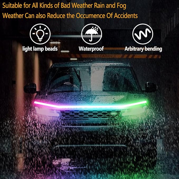 79 Inches RGB Multicolor Dynamic Scanning Starter Hood Lights, Car LED Hood Light Strip, Exterior Flexible Headlight Waterproof Daytime Running Lamps Strips (1 Set)