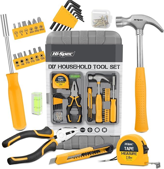 Hi-Spec Small Tool Box for Home and Office DIY, 25-Piece Yellow Mini Tool Kit Set for Basic Household Repairs in a Portable Toolbox Case.