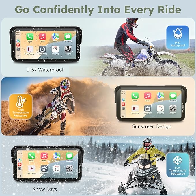 Carpuride W603DT for Motorcycle CarPlay & Android Auto & TPMS - HD1080p Dash Cam, 6.3-inch Waterproof Rotatable Touchscreen for Navigation, Bluetooth, Loop Recording, Wired Controller