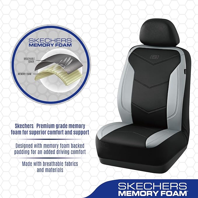 Skechers Memory Foam Seat Covers,Leather Car Seat Covers, Ultimate Comfort & Support Seat CoversFull Sets,Airbag Compatible, Automotive Universal Fit Most for SUVs, Vans, Sedans, Cars, Trucks,Gray