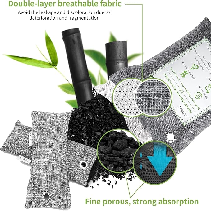 CLEVAST 14 Pack Activated Bamboo Charcoal Air Purifying Bags(2x200g, 12x50g), Natural Fresh Odor Absorber, Deodorizer and Moisture Eliminator, Air Purifier Bags for Home