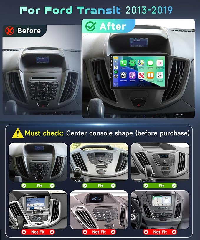 Snapdragon 8 Core 4GB+64GB 5/6Ghz WiFi for Ford Transit 2013-2019 Car Stereo with Android 15 Radio 9 Inch 1280 * 720 IPS Touchscreen Carplay/Android Auto GPS FM/RDS SWC Camera