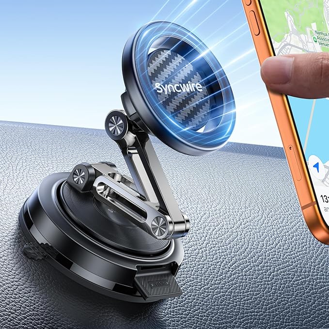 SYNCWIRE for MagSafe Car Mount, [3-Axis Adjustable] Vacuum Magnetic Phone Holder, Replaceable Suction Cup (Dashboard/Windshield), 360° Rotation, Foldable, for iPhone 17-12 Pro/Max/Plus, Carbon-Fiber