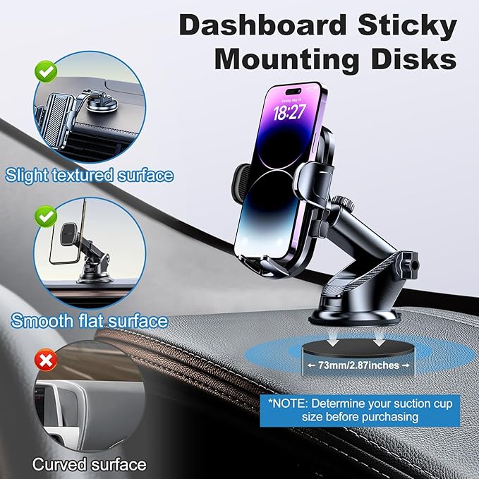 Adhesive Dashboard Pad Mounting Disk for Suction Cup Phone Mount, Heat Resistant Sticky Disc for Car Cell Phone Holder, 2pcs 73mm(2.87") Mount Disk Replacement for Sat Nav Holder Base, Tablet Bracket