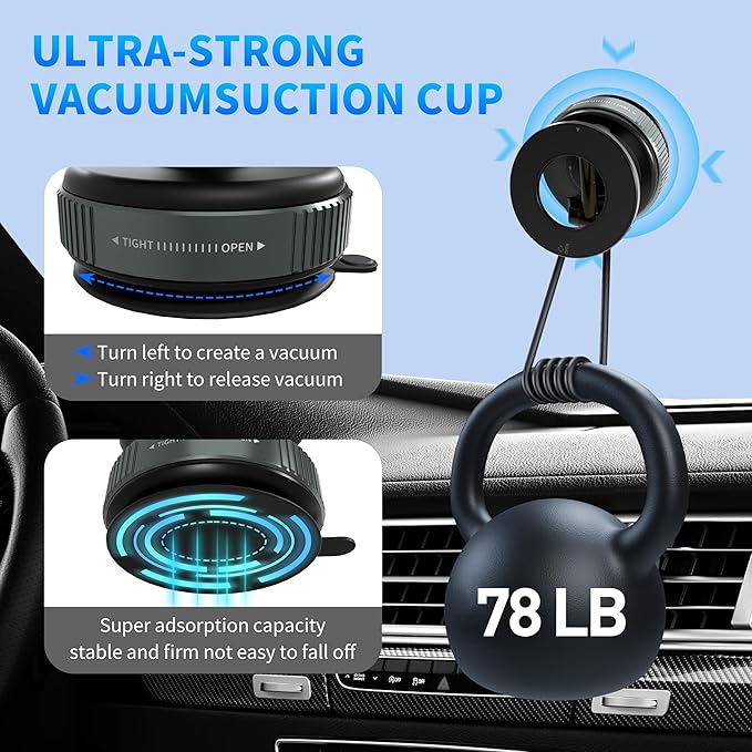Vacuum Car Phone Holder Magnetic with 24 Mags, 360-Degree Adjustable Suction Cup Mount, Rotary Suction & Release for Easy Storage, Compatible with MagSafe & Magnetic Cases, Black