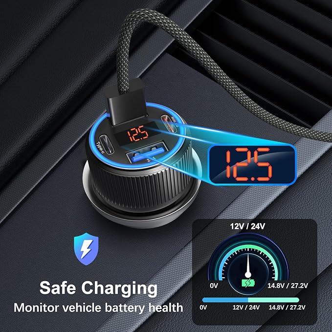 65W Dual USB C & USB A Car Charger Multi Port Cigarette Lighter Adapter with Voltmeter QC+PD 3.0 Fast Charging with 2 Pack Type C Cords