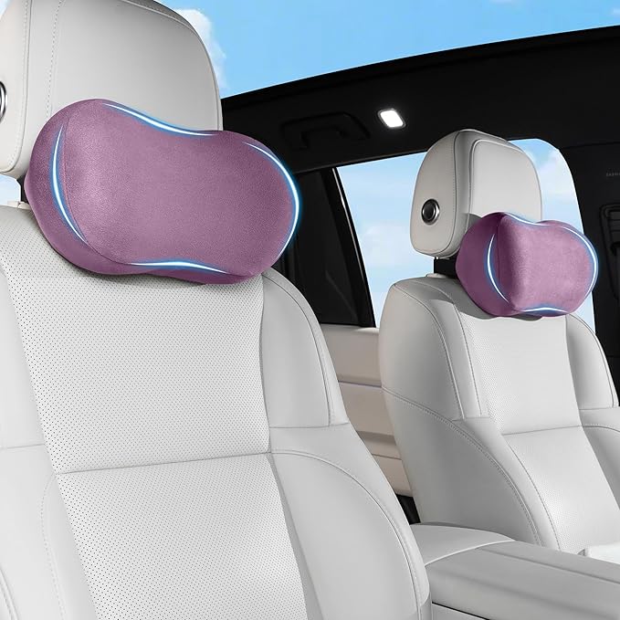 Car Neck Pillow Ergonomic Design Memory Foam Softness Car Headrest Pillow for Neck Support Cushion for Driving, Universal Fit Head Rest Travel Pillow, Fits All Vehicles, Purple, 2 Pack