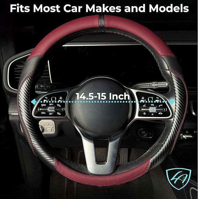 Lord Autofashion Steering Wheel Cover – PU Leather, Non-Slip Rubber Inner, All-Season Comfort – 14.5–15 Inch (Black/Maroon 7685)