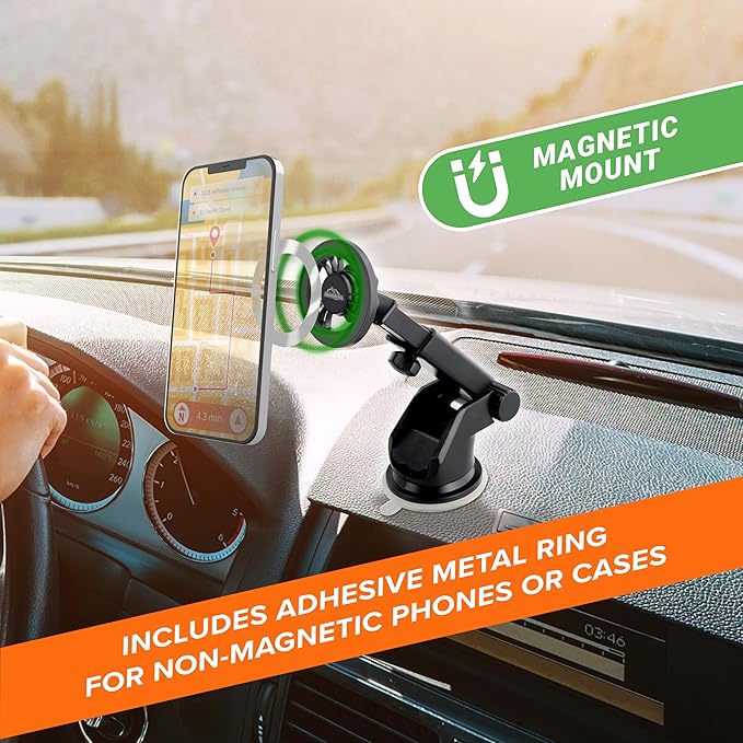 Armor All Magnetic Phone Mount for Car, Dashboard & Windshield Phone Holder with Industrial Suction Cup for MagSafe Phones, iPhones, Includes Magnet Ring for Samsung, Non-Magnetic Phones, & Cases