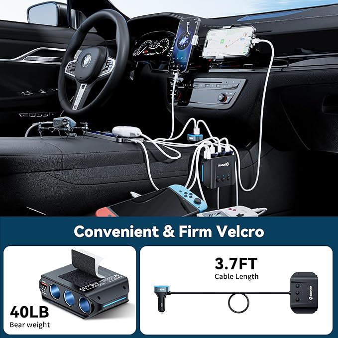 7 in 1 Cigarette Lighter Splitter,SONRU 180W (Max 192W) Cigarette Lighter Adapter with Dual PD 36W/QC3.0 Charge,24V/12V Car Charger Adapter(3.7FT Cable),Independent Switches & LED Voltage Display