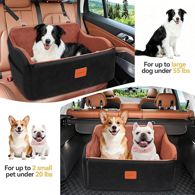 Dog Car Seat for Medium/Large Dogs, Memory Foam Pet Booster Seat for Under 55 lbs or 2 Small Dogs, Detachable Dog Car Bed for Backseat with 2 Safety Leashes and Pockets(Black/Brown, Large)