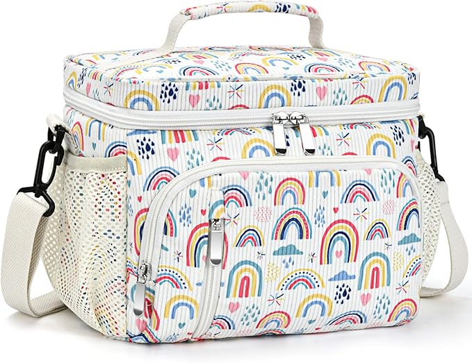 Insulated Lunch Bag for Men & Women, 9L Leakproof Lunch Box Soft Cooler Tote with 5 Pockets, 600D Oxford, EVA Lining, Adjustable Strap for Work, Picnic, Beach&Travel-Corduroy Rainbow