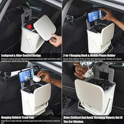 Leakproof Car Trash Can, Mini Hanging Garbage Can with Lid, Vehicle Trash Bin for Back Seat Car Garbage Bin for Sedans, SUVs, MPVs & Trucks (White)