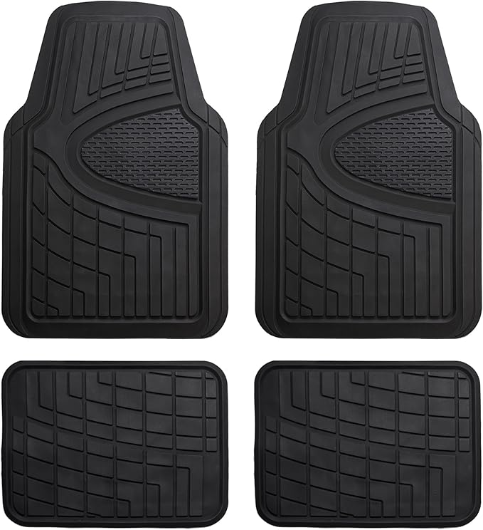 FH GROUP Car Seat Covers Premium Tall Channel Rubber Trimmable Floor Mats w. FH3001 Snake Pattern Silicone Steering Wheel Cover- Universal Fit for Trucks, SUVs, and Vans (Solid Black) F11311