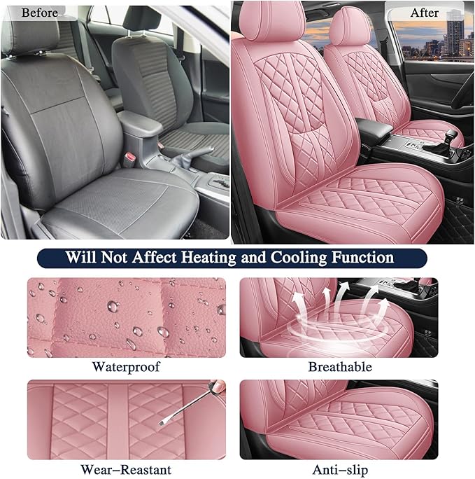 otoez Pink Car Seat Covers Full Set, Leather Seat Cover 5 Seat Waterproof & Breathable Automotive Seat Cushion Protector Full Coverage for Cars Sedens, Trucks, SUVs, Vans (Pink)