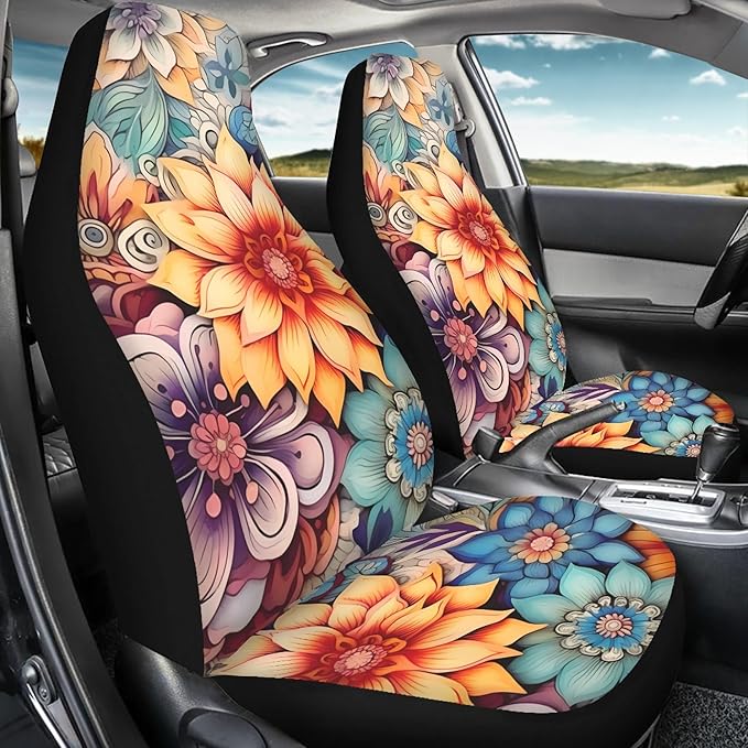 BIGCARJOB Blossoms Flower Car Seat Covers for Womens,Full Set of 2 Pcs Bohemian Floral Style Auto Front Seat Protector Durable Saddle Blanket Vehicle Seat Interior Accessories Cushion Pads