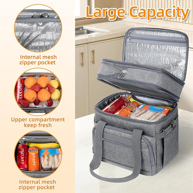 Insulated Lunch Box for Men & Women - Double Layer Leakproof Lunch Bag with Adjustable Shoulder Strap, Expandable Food Cooler for Work, Office, Travel, Camping (Grey)
