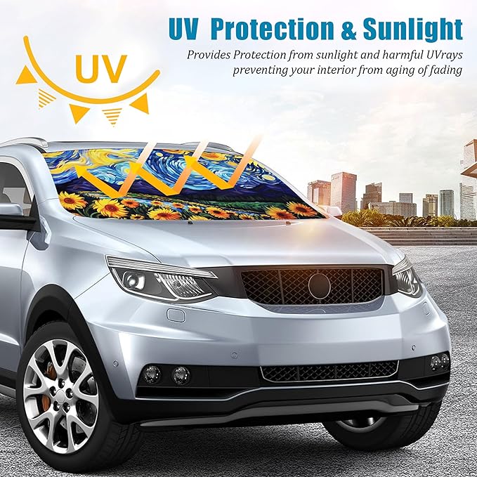 Starry Night Sunflowers Car Windshield Sun Shade Foldable Sunshade Front Window Cover Sun Visor Protector Accessories (59x27.5 inches)