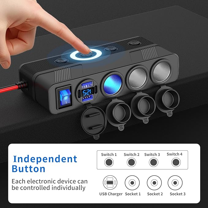 12V 24V Car Charger Socket Splitter with 10FT/3M Cable, 3 Cigarette Lighter Socket Multi 4 Port Adapter Plug with LED Display Master Switch Independent Switch,12 Volt Power Outlet with Eyelet Terminal