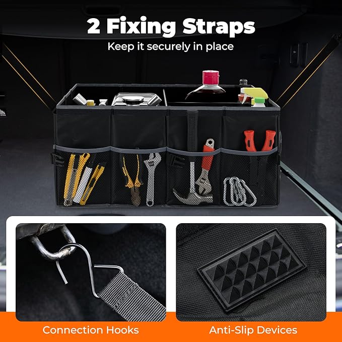 Goplus Collapsible Trunk Organizer, 13 Gallon Foldable Car Storage Organizer with Extenable Compartments, Pockets, Securing Straps, for SUV Van Sedan Truck, 22" x 16" x 10"
