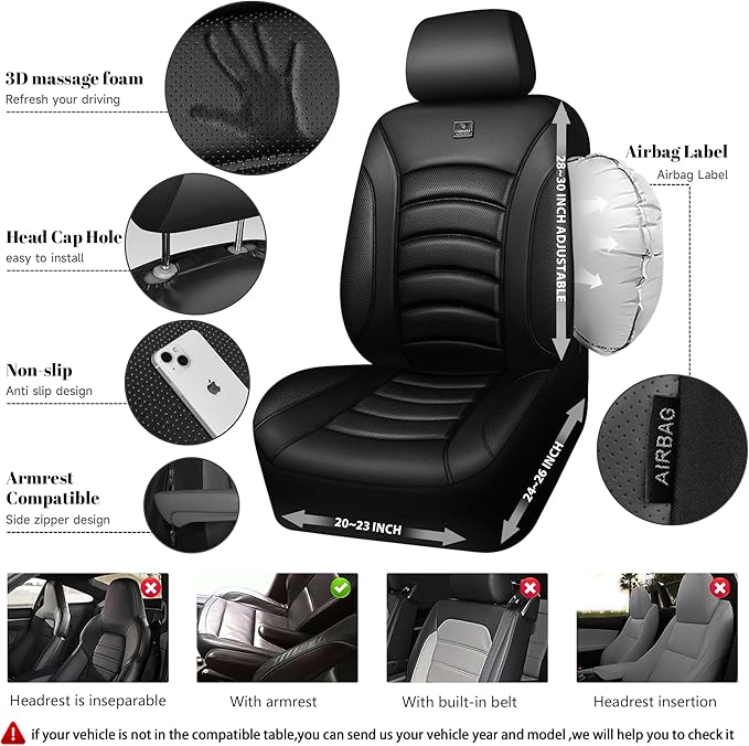 CAR PASS 3D Foam PU Leather Car Seat Covers, Universal Seat Covers Front 2 for Trucks SUV Sedan Automotive Seat Covers Armrest Airbag Compatible Waterproof Comfortable Faux Nappa Leather All Black