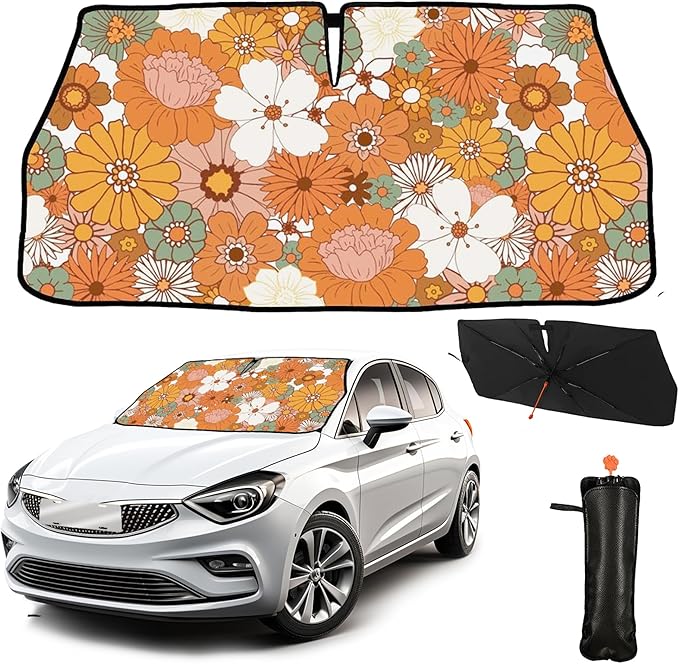 CHILL·TEK Funny Car Windshield Sun Shade Umbrella, 70s 80s Flowers Car Sun Shade Umbrella, Block UV Rays Heat Foldable Windshield Umbrella Sun Visor Protector - Keep Vehicle Cool for Cars SUV